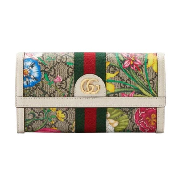 Gucci Handbags - Gucci Ophidia Gold GG Logo Floral Print White Leather Snap Foldover Long Wallet